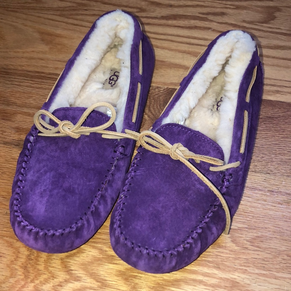 UGG Gray Suede Moccasin Slippers with Chestnut Laces and Shearling Lining - Picture 2 of 8